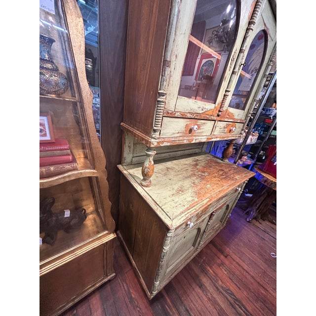 Antique Country Celadon Green Painted Distressed Stepback Cupboard Cabinet For Sale - Image 14 of 18