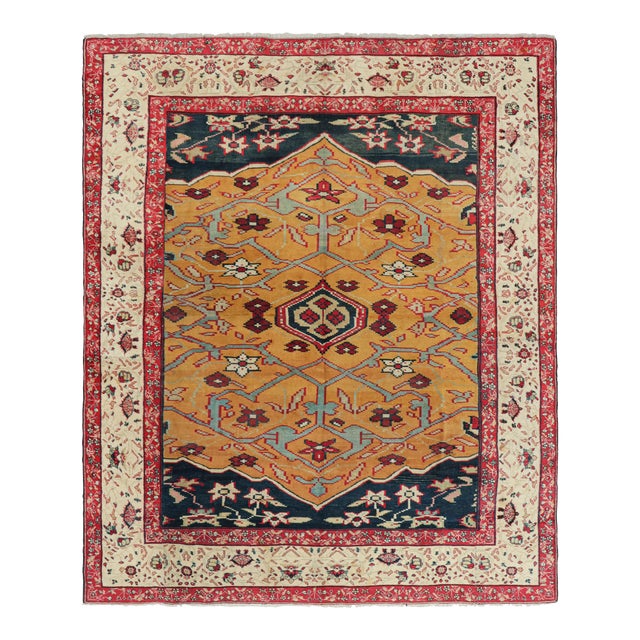 Antique Agra Rug in Gold With Medallion and Floral Patterns, From Rug & Kilim For Sale