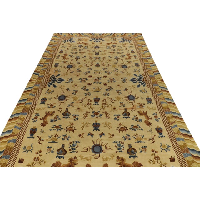 Traditional Antique Hooked Rug Gold, Blue and Beige-Brown Chinese Pictorial Style For Sale - Image 3 of 9