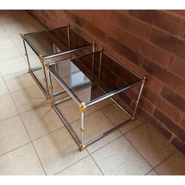 Maison Jansen Vintage 1970s Maison Jansen Chrome, Brass & Smoked Glass End Tables, Italian Modern For Sale - Image 4 of 7