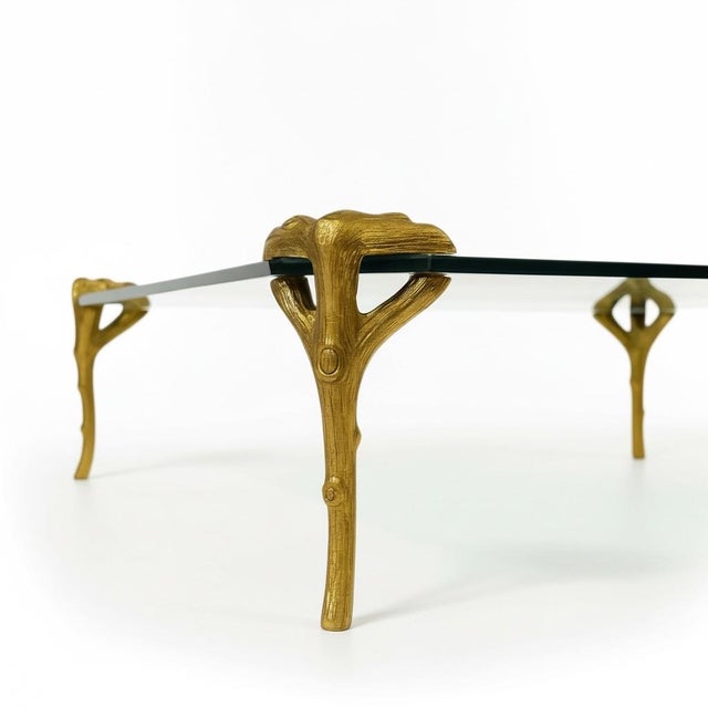 Maison Jansen 1970s Italian Maison Jansen Inspired Gilt Metal Faux Bois Glass Top Coffee Table For Sale - Image 4 of 5