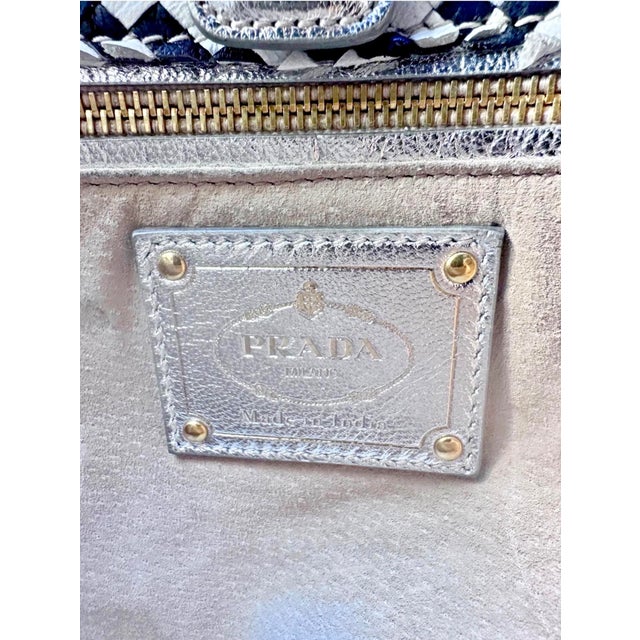 Prada Madras Top Handle Satchel Navy Silver Shoulder Blue Leather Tote HandBag For Sale - Image 10 of 10