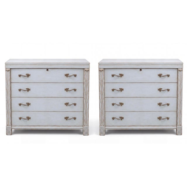 Neoclassical 1950s John Stuart French Blue Painted Neoclassical Style Chests -Pair For Sale - Image 3 of 6