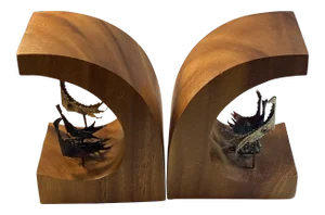 Brutalist Trio of Birds Modernist Mixed Metals and Wood Bookends - a Pair