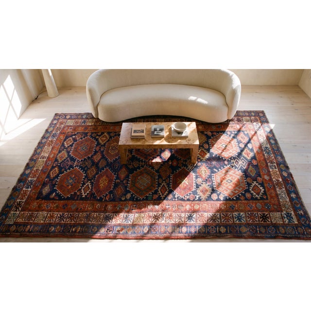 Textile 1890s Blue Navy Geometric Tribal Antique Persian Kurdish Rug 5'4" X 9'4" Handknotted Wool Carpet For Sale - Image 7 of 9