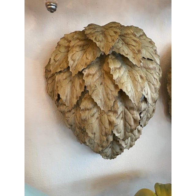 VTG Pair Italian Tole Metal Leaf Leaves Wall Light Sconces Newly Wired 3 of 3 For Sale - Image 4 of 11