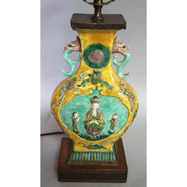 Chinoiserie Vintage Chinese Famille Jaune Porcelain Guanyin Table Lamp With Dragon Handles, C. 1900 For Sale - Image 3 of 16