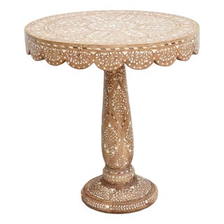 Intricate Floral Design Inlay Pedestal End Table For Sale