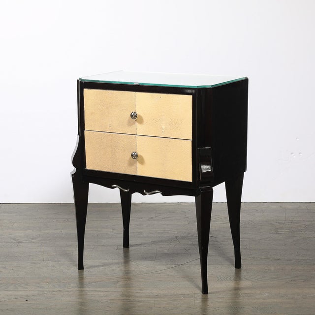 Art Deco Directoire Style Ebonized Nightstands W/Shagreen Fronts & Mirrored Tops For Sale - Image 4 of 18