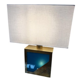 Brass Table Lamp With Blue Panel Base and Rectangular Linen Shade For Sale