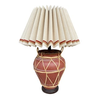 Massive Terracotta & Rattan Table Lamp From 70's For Sale