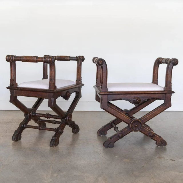 French 1940s Pair of French Carved Wood Stools For Sale - Image 3 of 12