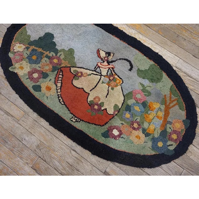 Figurative Notable Oval Sky Blue Color, With a Lady and Unique Floral Design Antique American Hooked Rug For Sale - Image 3 of 10