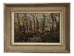 Ezelino Briante, Nel bosco, Oil on Cardboard, Framed