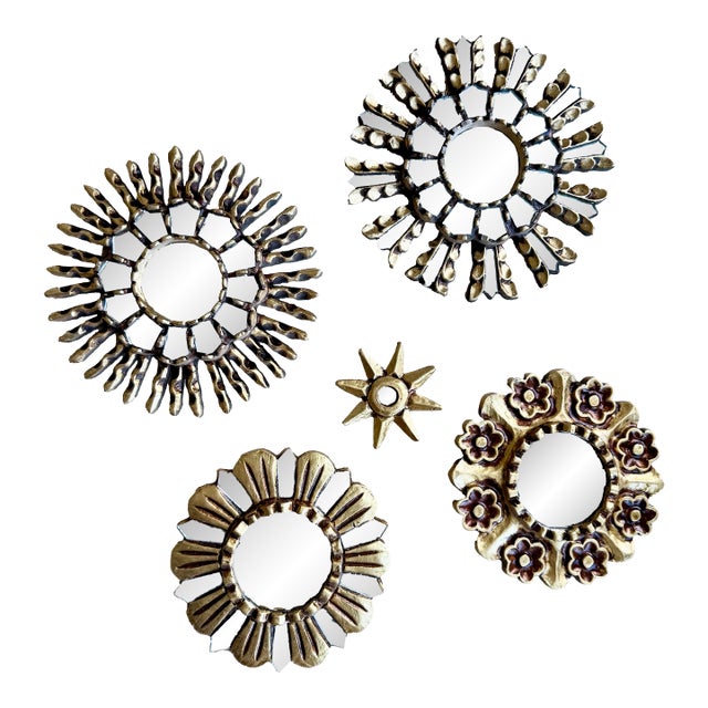 Vintage Hand-Carved Peruvian Giltwood Sunburst Mirror Collection – Set of 5 | Designer Provenance For Sale
