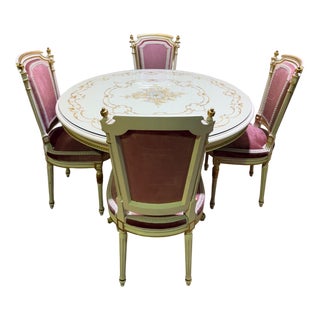 Louis XVI Style Dining Table and Chairs in Gilt Wood and Pink Velvet, 1980s For Sale