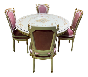 Louis XVI Style Dining Table and Chairs in Gilt Wood and Pink Velvet, 1980s
