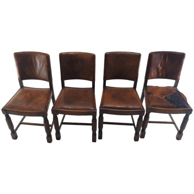Early 19th Century English Oak Chairs With Leather Seats For Sale