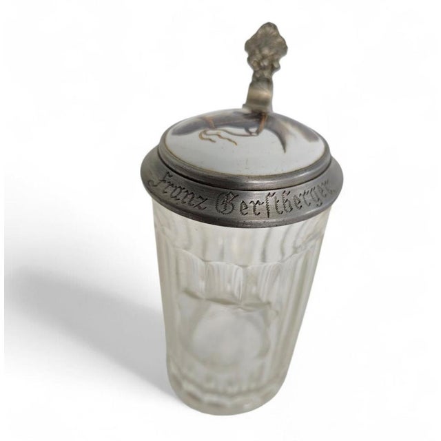 German Lidded Beer Stein Mug in Porcelain, Glass and Pewter For Sale - Image 11 of 14