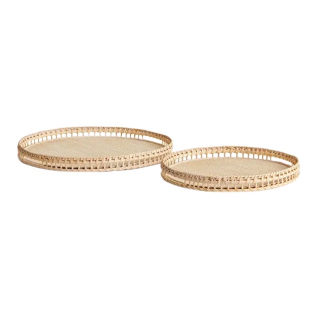 Bleached Round Rattan Trays - Set of 2 For Sale