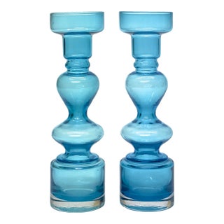 Mid-Century Modern Blue Glass Pompadour Candlesticks in the Manner of Nanny Still for Riihimäen Lasi Oy For Sale