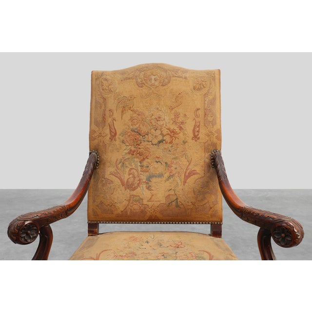 Carved Walnut Armchair with Scrolling and Tapestry Upholstery, France, 1800 For Sale - Image 5 of 16