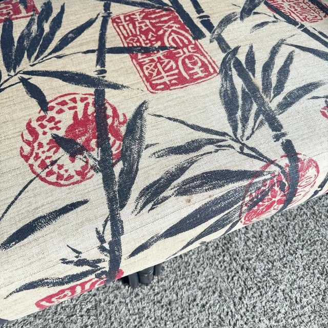 Boho Chic Boho Chic Black Wicker Rattan Sofa With Tan Red and Black Cushions For Sale - Image 3 of 9