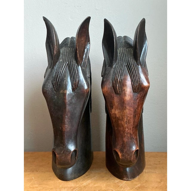 Brown Vintage Carved Wood Horse Head Sculptures - Pair For Sale - Image 8 of 15