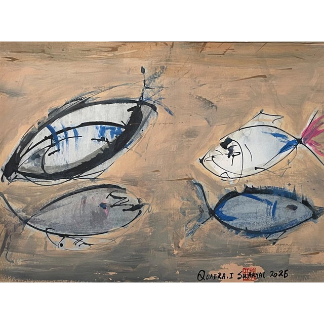An original surrealist abstract painting depicting four fish swimming through a vibrant, colorful background. Created on...
