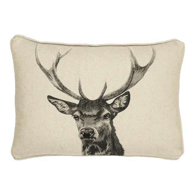 Country Linen Stag Piped Tapestry Cushion With Feather Filler - 33x45cm (13"x18") For Sale