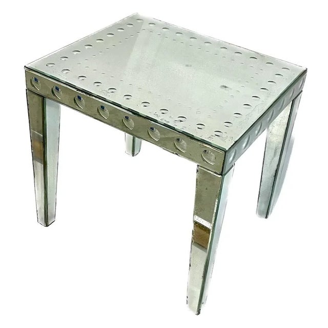 Vintage patinated circles mirrored art deco style side table with circular beveled cut patterning on glass. No maker's marks.
