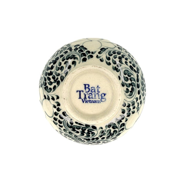Set of 6 Bat Trang Vietnamese Ceramic Bowls Hand Painted in Blue Floral & Geometric Patterns For Sale - Image 14 of 18