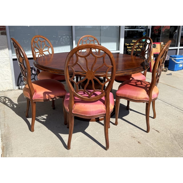Traditional 7 Piece 5ft Round Dining Set With Coral Upholstery For Sale - Image 3 of 18