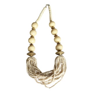 Vintage 1970s Bohemian Long Ivory Beaded Statement Necklace For Sale