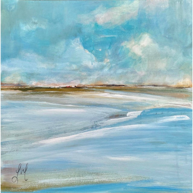 Yearning by Leigh Ann Van Fossan | Acrylic on Canvas Abstract landscape with blue sky and water. For Sale