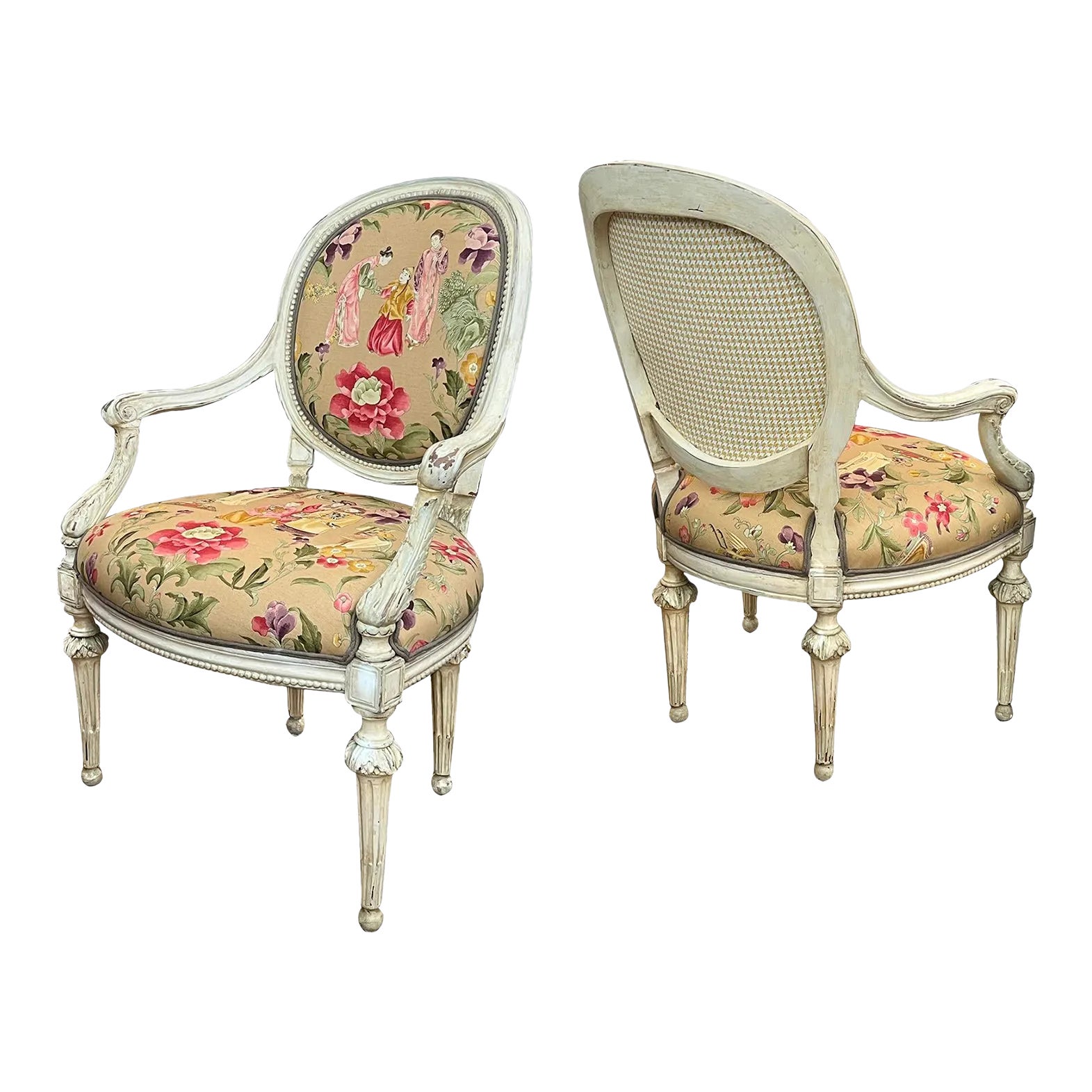 19th Century Pair French Louis XVI Ivory Painted Oval Back Arm