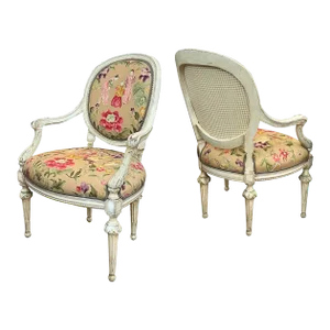 19th Century Pair French Louis XVI Ivory Painted Oval Back Arm Chairs With Celadon Highlights