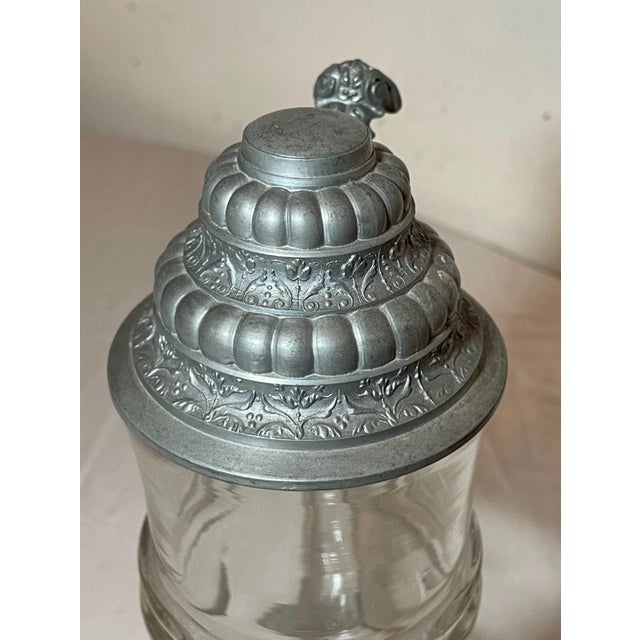 Large Antique 1800s Hand Blown Glass Pewter German Lidded Beer Stein Mug Pitcher For Sale In New York - Image 6 of 10