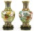 Pair of colorful Chinese cloisonné vases with green and blues being the primary colors. Both have floral background...
