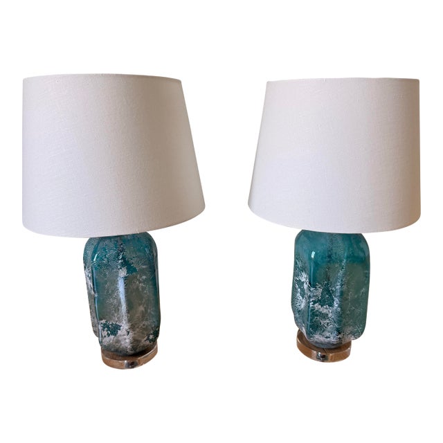 Mid 20th Century Ice Blue Mezza Murano Style Table Lamps- Pair For Sale