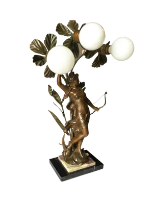 Early Three Bulb Art Nouveau Figural Bronze and Marble Table Lamp
