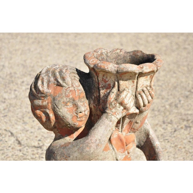 Vintage Cast Terracotta Figural 28" Cherub Putti Garden Planter Pots - A Pair For Sale In Philadelphia - Image 6 of 12