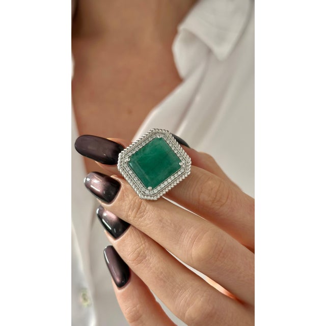 2010s Natural Emerald Diamond Ring Size 6.25 14k W Gold 13.14 TCW Certified For Sale - Image 5 of 18