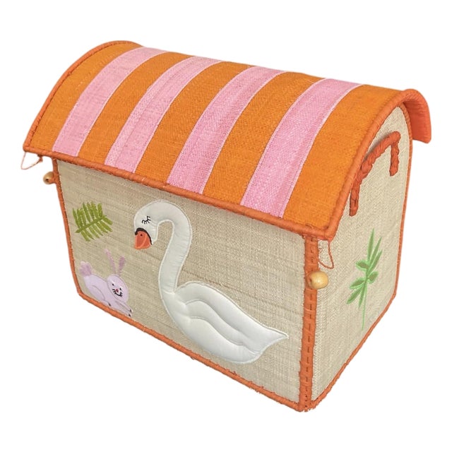 Vintage Madagascar Woven Raffia Domed Toy Box Trunk With Swan Appliqué For Sale