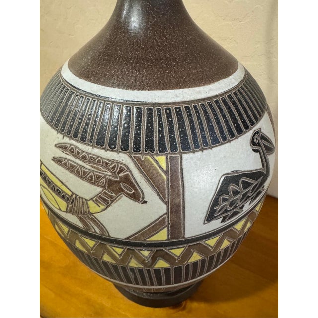 Mid 20th Century Mid 20th Century Sgraffito Pottery Lamp Folk Art Style Birds Antelope For Sale - Image 5 of 12