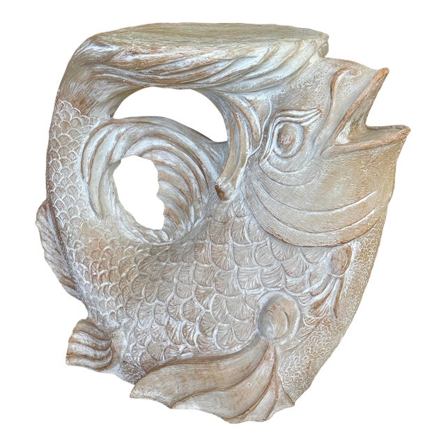 Vintage Coastal Regency Resin Koi Fish Side Table or Garden Stool For Sale