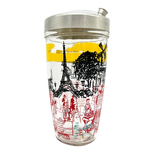 Vintage Paris Cocktail Shaker – Eiffel Tower Scene With Recipe Graphics – Mid-Century Barware / French Café Style For Sale