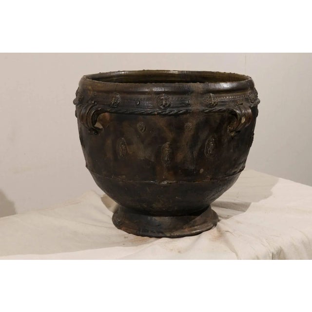 Antique Brown-Black Colored Clay Jar with Four Handles & Decorative Motifs For Sale - Image 4 of 10