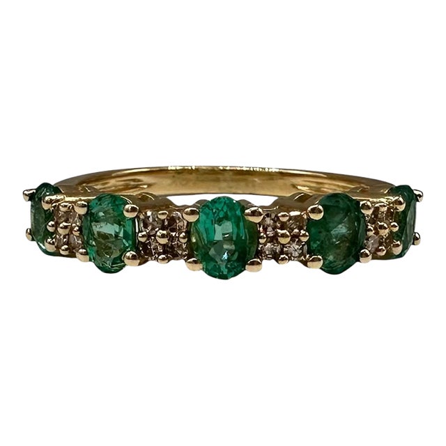 Emerald Diamond Ring 10kt Yellow Gold Five Stone Size 6 New For Sale