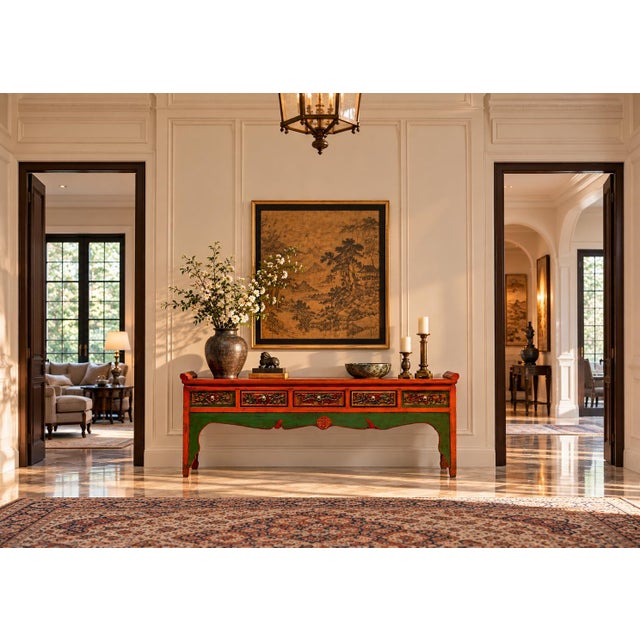 Over 8 feet long, this monumental Chinese antique table is the heart of a room with its impressive scale and strong...